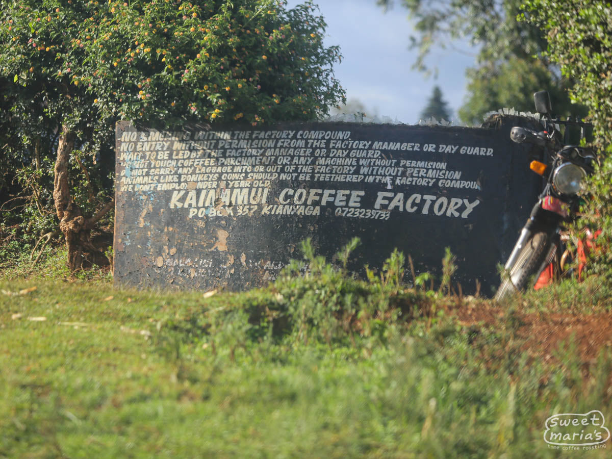 Hand-painted sign outside the Kianamui coffee factory (wet mill) in Kianyaga, Kirinyaga, Kenya.