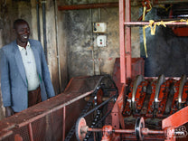Peter Macheriya, who was the manager of Kiamabara Factory when we visited back in 2009, shows us their 3 disc coffee pulper.