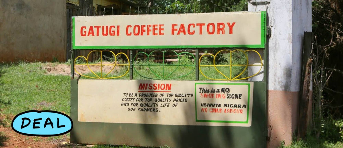 A hand-painted sign that reads "Gatugi Coffee Factory Delivery Gate" directs farmers bringing coffee cherry from the day's harvest to be processed at the washing station. Nyeri, Kenya.