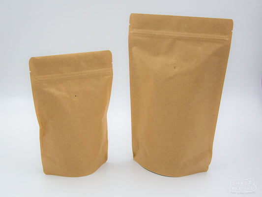 The stand up pouch bags have a zipper and valve and come in two sizes - 1/2lb and 1lb.