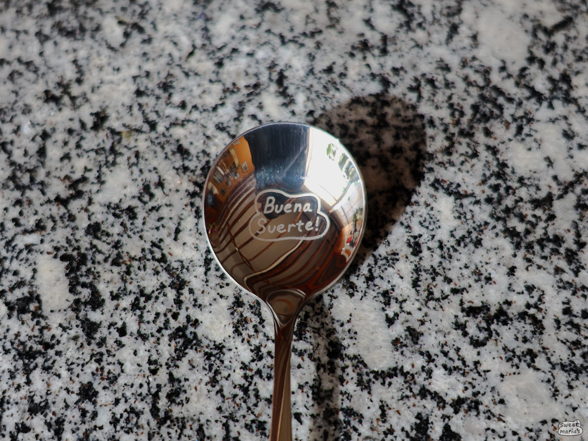 The Buena Suerte Cupping Spoon has a 304 Stainless Steel body that is laser-etched with our 'bubble' Buena Suerte design.