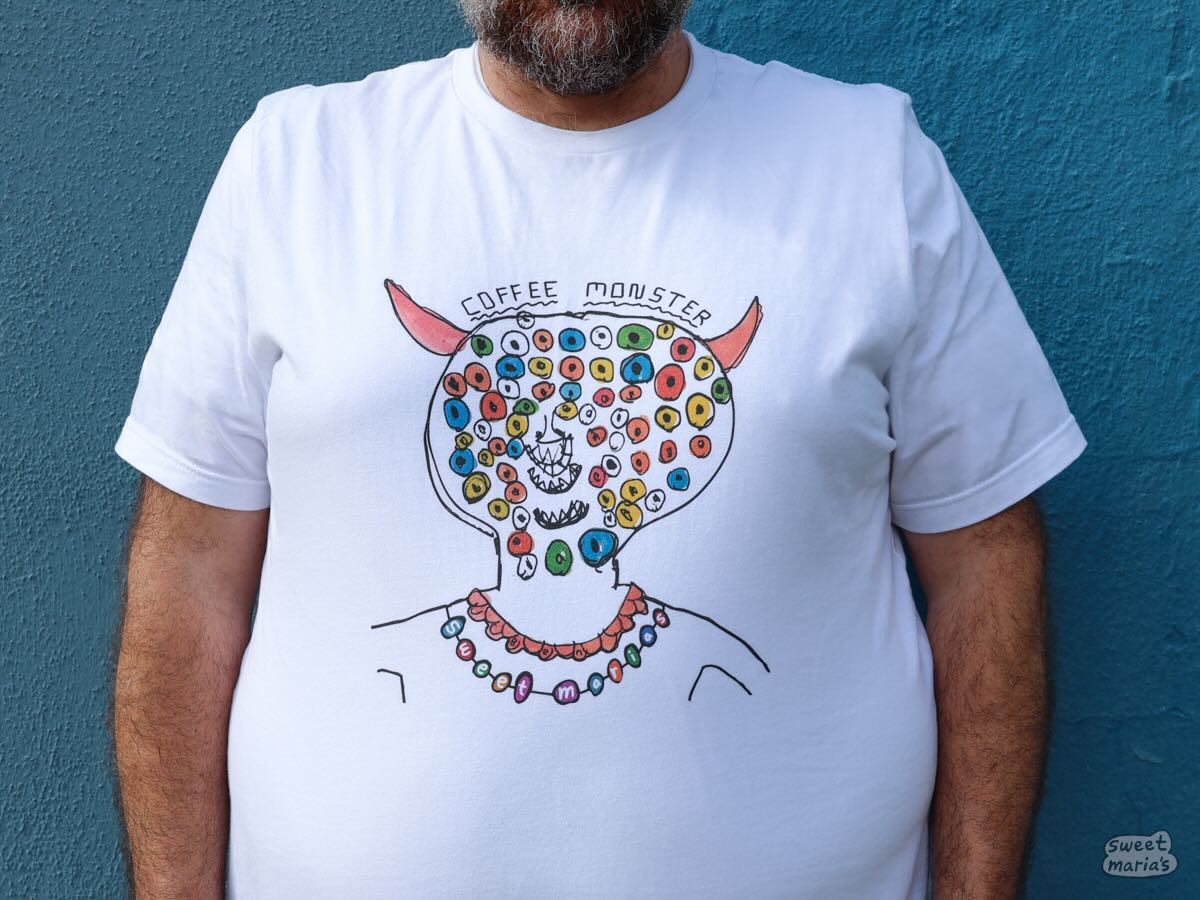 Our Sweet Maria's Coffee Monster Shirt is all white with candy-colored accents.