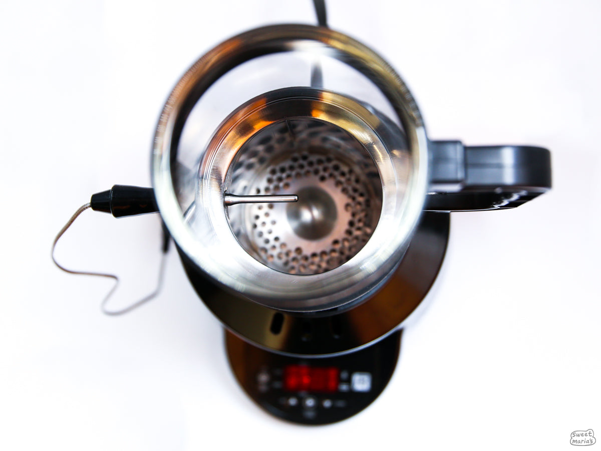 The bean temperature sensor inserts into the side of the roast chamber and sticks into the coffee bed during roasting.